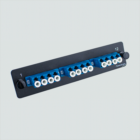 Wavenet FM12LCOS2 black panel with three blue groups of four capped LC positions