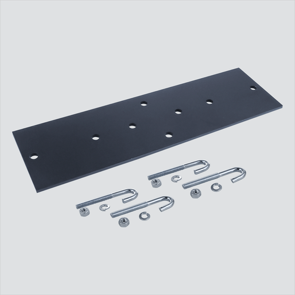 Manufacturer component image of a black rack-to-runway plate with loose J-shaped fasteners and small hardware