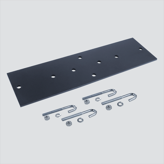 Manufacturer component image of a black rack-to-runway plate with loose J-shaped fasteners and small hardware