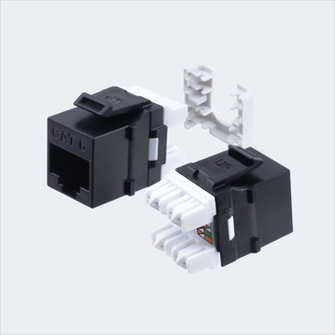 Manufacturer black CAT6 HDJ jack shown in multiple views with cap removed. This listing supplies one black jack and one wire cap.