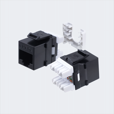 Manufacturer black CAT5E HDJ jack shown in multiple views with cap removed. This listing supplies one black jack and one wire cap.