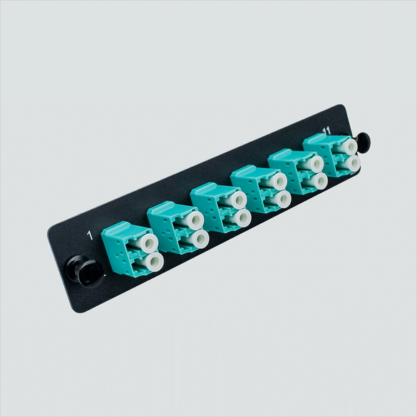 Wavenet FM12LCOM3 black panel with six aqua duplex LC adapters