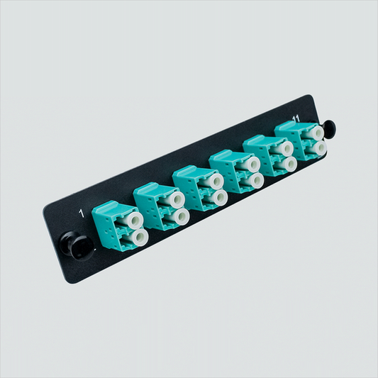 Wavenet FM12LCOM3 black panel with six aqua duplex LC adapters