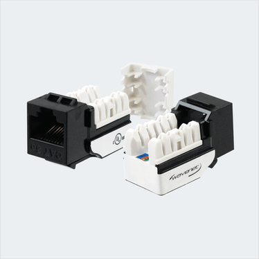 Manufacturer black CAT5E SDJ jack shown in multiple views with cap removed. This listing supplies one black jack and one wire cap.