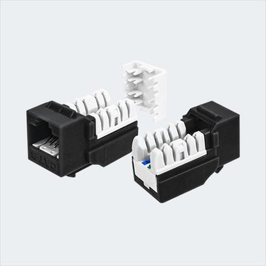 Manufacturer black CAT6 SDJ jack shown in multiple views with cap removed. This listing supplies 25 black jacks.