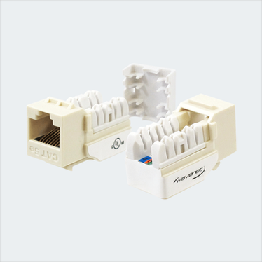 Manufacturer light almond CAT5E SDJ jack shown in multiple views with cap removed. This listing supplies one light almond jack and one wire cap.