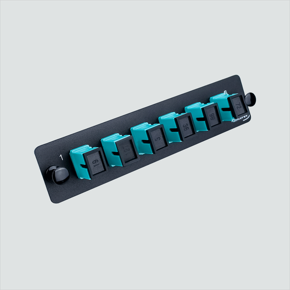 Wavenet FM6SCOM3 black panel with six aqua simplex SC adapters