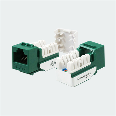 Manufacturer green CAT5E SDJ jack shown in multiple views with cap removed. This listing supplies one green jack and one wire cap.