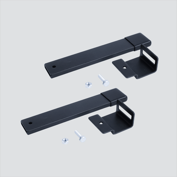 Manufacturer image showing two black retaining posts with brackets and loose bolts and nuts