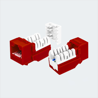 Manufacturer red CAT6 SDJ jack shown in multiple views with cap removed. This listing supplies one red jack and one wire cap.