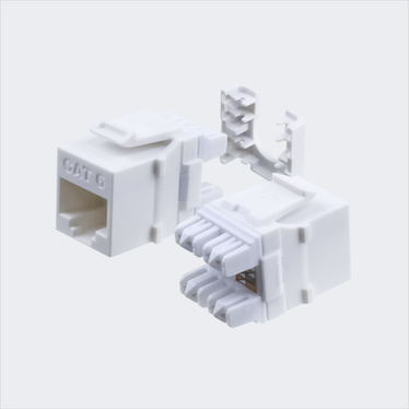 Manufacturer white CAT6 HDJ jack shown in multiple views with cap removed. This listing supplies one white jack and one wire cap.