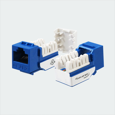 Manufacturer blue CAT5E SDJ jack shown in multiple views with cap removed. This listing supplies one blue jack and one wire cap.