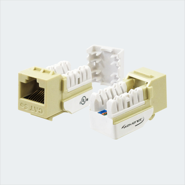 Manufacturer ivory CAT5E SDJ jack shown in multiple views with cap removed. This listing supplies one ivory jack and one wire cap.