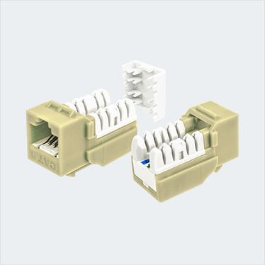 Manufacturer ivory CAT6 SDJ jack shown in multiple views with cap removed. This listing supplies one ivory jack and one wire cap.