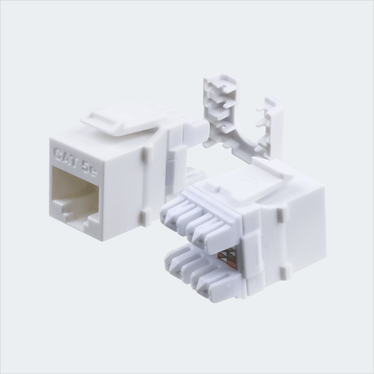 Manufacturer white CAT5E HDJ jack shown in multiple views with cap removed. This listing supplies one white jack and one wire cap.