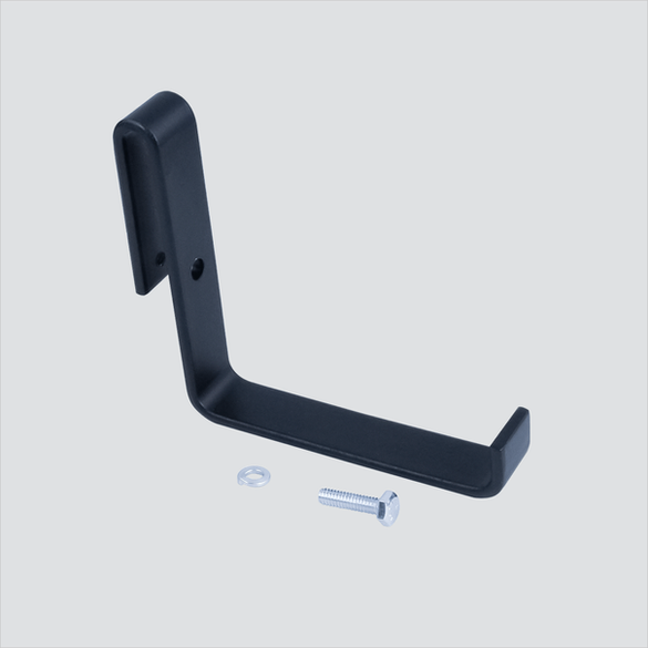 Manufacturer image of a black hooked runway L bracket with loose mounting hardware