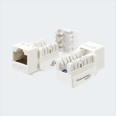 Manufacturer white CAT5E SDJ jack shown in multiple views with cap removed. This listing supplies 25 white jacks and 25 wire caps.