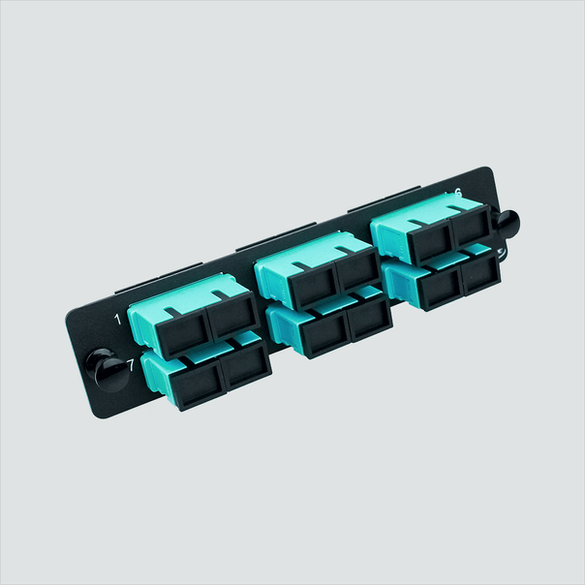 Wavenet FM12SCOM3 black panel with six aqua duplex SC adapters