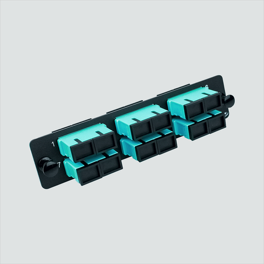Wavenet FM12SCOM3 black panel with six aqua duplex SC adapters