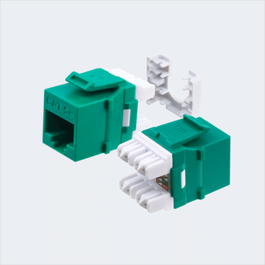 Manufacturer green CAT5E HDJ jack shown in multiple views with cap removed. This listing supplies one green jack and one wire cap.