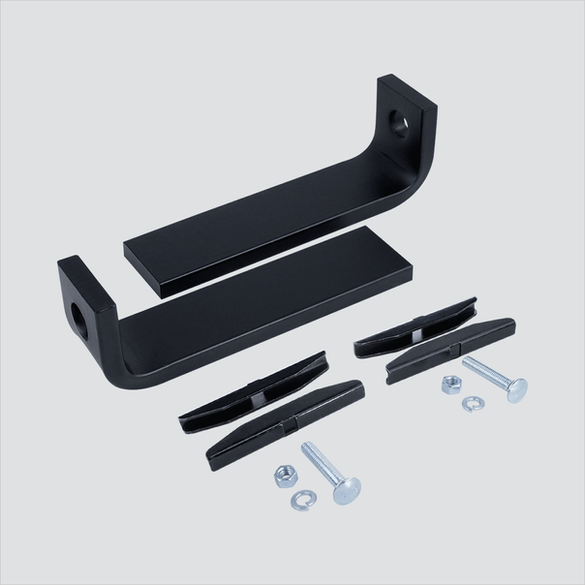 Manufacturer image of two black floor-mount brackets with splice plates and loose hardware