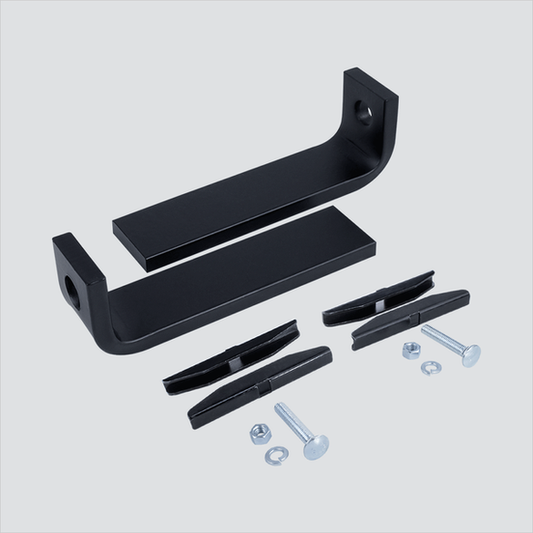 Manufacturer image of two black floor-mount brackets with splice plates and loose hardware