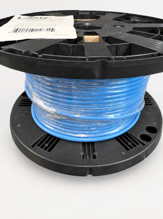 Blue LUTRON-QSC cable on a black spool with clear wrap and paper label.