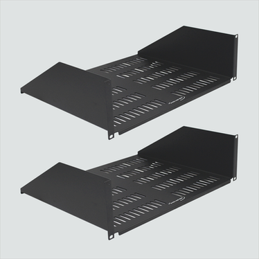 Manufacturer photo of Wavenet SHELF-10SSS-S2PK showing two solid shelves. Each sale includes 2 shelves and 16 #12-24 mounting screws; rack, equipment and cables are not included.
