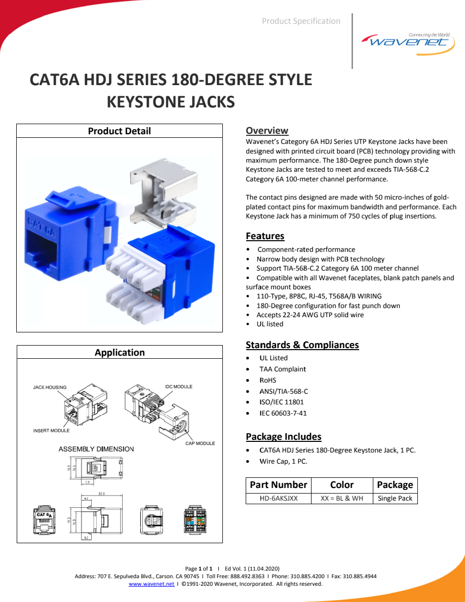 Manufacturer single pack specification preview for the HDJ family; color-specific selected variants use exact MPN and one jack with one wire cap.