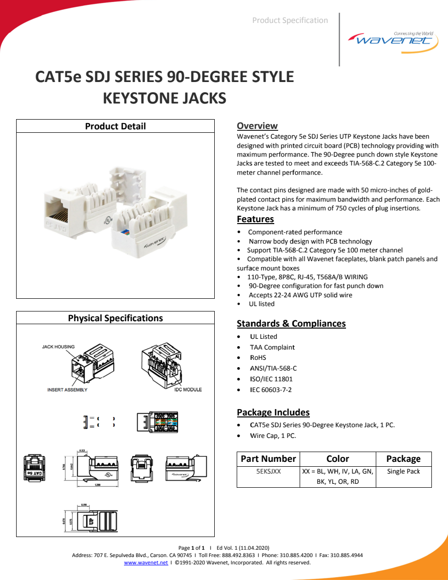 Manufacturer CAT5E SDJ single-pack specification preview; white illustration is not an exact orange product photo. This listing supplies one orange jack and one wire cap.