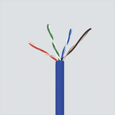 Wavenet Cat5e family construction image: blue jacket opened to show four unshielded twisted pairs; selected color and packaging are specified separately.