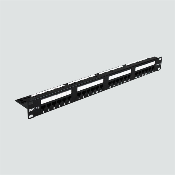 Manufacturer front view of the Wavenet 5EPP24 24-port 1U panel. One panel per sale.