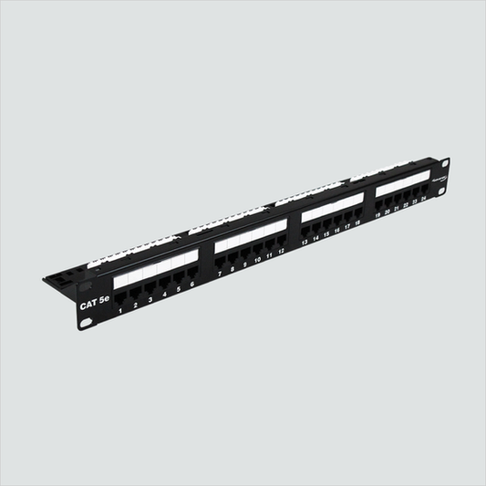 Manufacturer front view of the Wavenet 5EPP24 24-port 1U panel. One panel per sale.