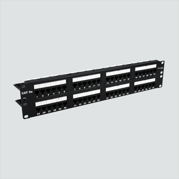 Manufacturer front view of the Wavenet 5EPP48 48-port 2U panel. One panel per sale.