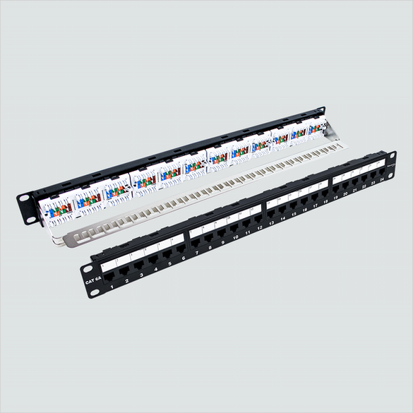Manufacturer composite shows front and rear views of the Wavenet 6APP24 24-port 1U panel. One panel per sale.