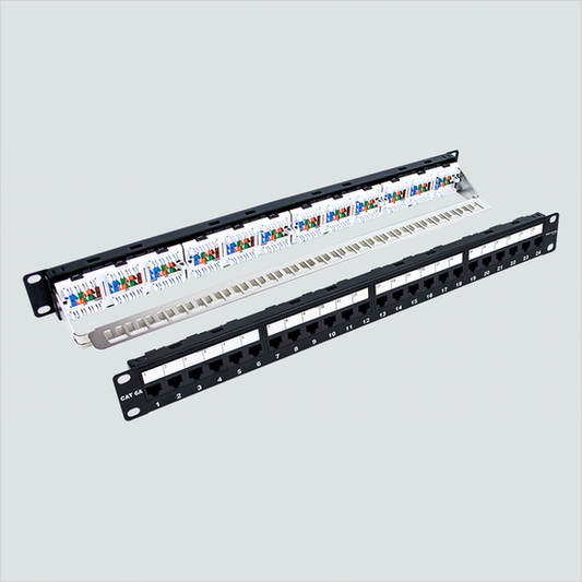 Manufacturer composite shows front and rear views of the Wavenet 6APP24 24-port 1U panel. One panel per sale.
