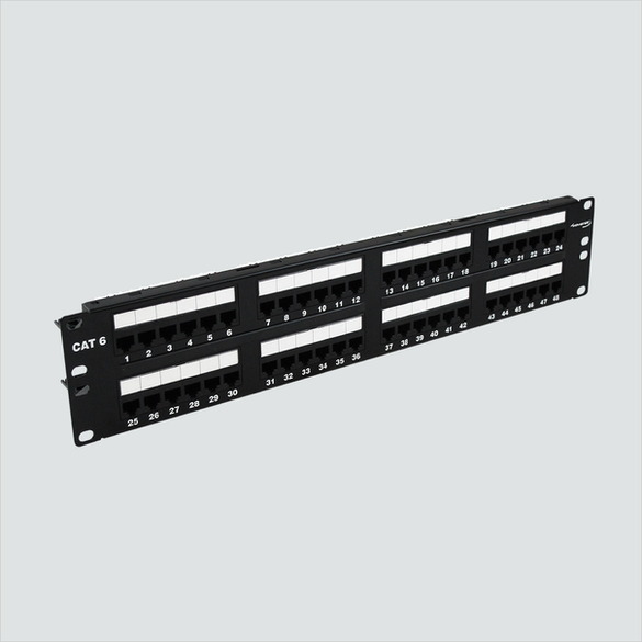 Manufacturer front view of the Wavenet 6EPP48 48-port 2U panel. One panel per sale.