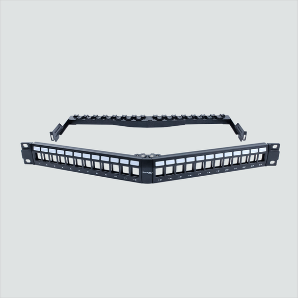 Manufacturer product view of Wavenet ABP1U-24P, a 24-position unloaded angled panel. One panel per sale; keystone jacks and cables are not included.