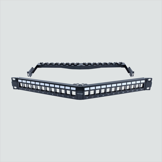 Manufacturer product view of Wavenet ABP1U-24P, a 24-position unloaded angled panel. One panel per sale; keystone jacks and cables are not included.