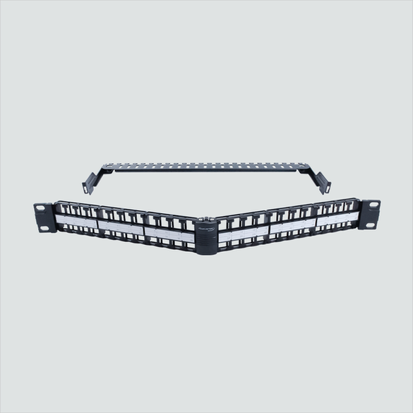 Manufacturer product view of Wavenet ABP1U-48P, a 48-position unloaded angled high-density panel. One panel per sale; keystone jacks and cables are not included.