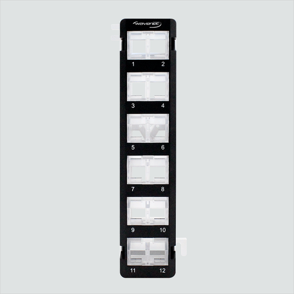 Manufacturer product view of Wavenet BPPWM-12, a 12-position unloaded rotatable modules panel. One panel per sale; keystone jacks and cables are not included.
