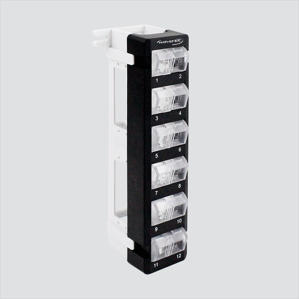 Manufacturer product view of Wavenet BPPWM-12, a 12-position unloaded rotatable modules panel. One panel per sale; keystone jacks and cables are not included.