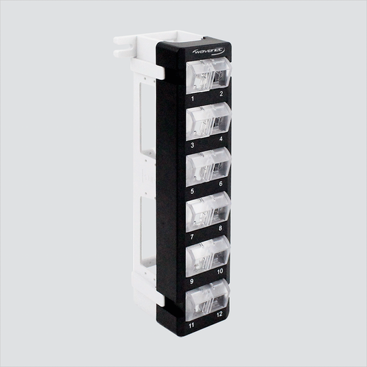 Manufacturer product view of Wavenet BPPWM-12, a 12-position unloaded rotatable modules panel. One panel per sale; keystone jacks and cables are not included.