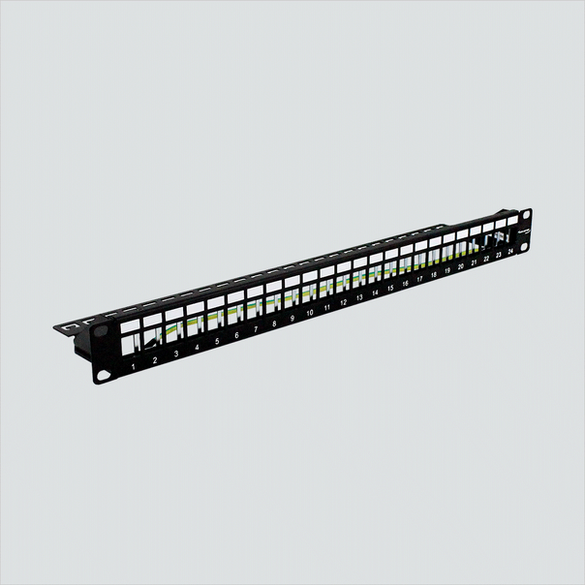 Manufacturer product view of Wavenet BPPWM-24, a 24-position unloaded straight panel. One panel per sale; keystone jacks and cables are not included.