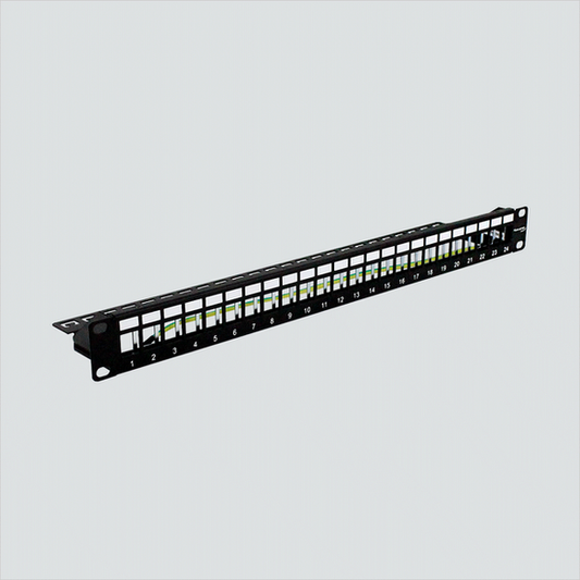 Manufacturer product view of Wavenet BPPWM-24, a 24-position unloaded straight panel. One panel per sale; keystone jacks and cables are not included.