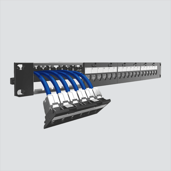 Manufacturer application example of FLBPPWM front access with installed connectors and blue cables. This sale supplies one unloaded panel; connectors and cables shown are not included.