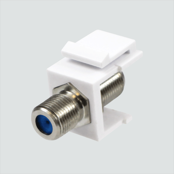 Manufacturer photo shows one white nickel-plated 3 ghz f-type keystone coupler. This listing supplies 25 Ivory modules. The white photo illustrates the form, not the selected housing color.