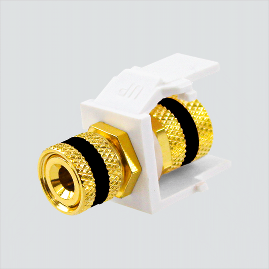 Manufacturer photo shows one white black-band speaker binding-post module. This listing supplies one Ivory red/black pair (two modules). The white photo illustrates the form, not the selected housing color.