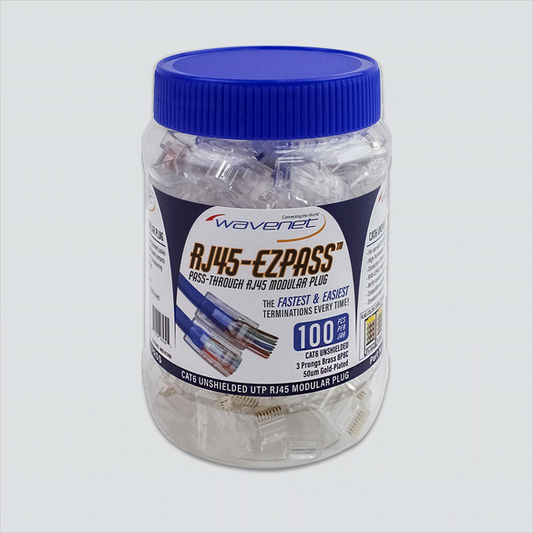 Wavenet CAT6RJ45-EZPASS CAT6 pass-through modular plugs in a 100-piece jar with a blue cap