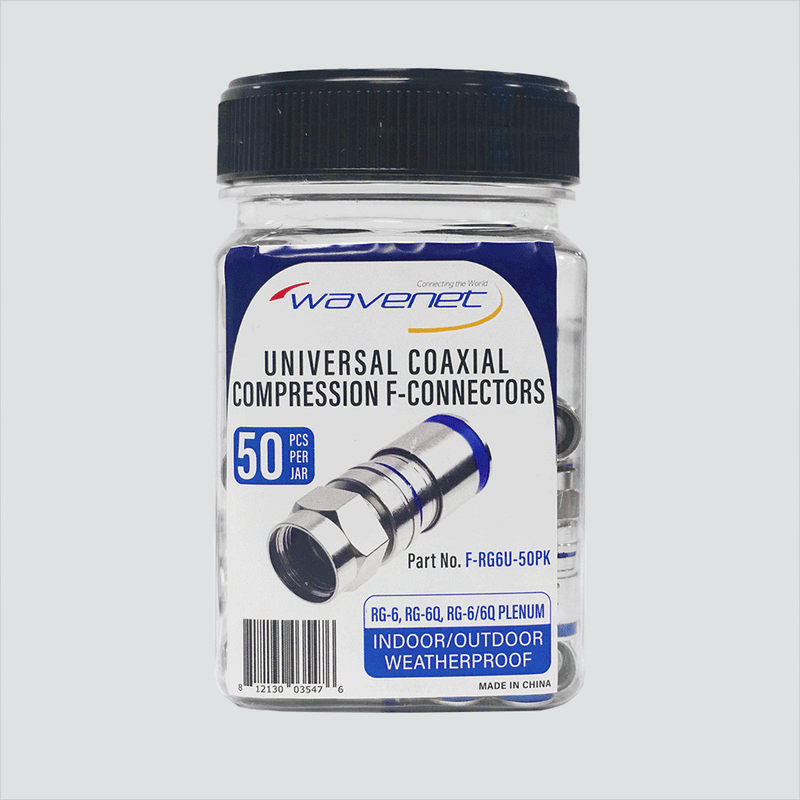 Wavenet F-RG6U-50PK F-type compression connectors in a 50-piece jar